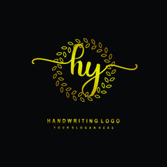 Handwriting initials HY, With a gold leaf line template. logo design for, beauty, fashion, cosmetic, business