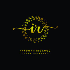 Handwriting initials IR, With a gold leaf line template. logo design for, beauty, fashion, cosmetic, business
