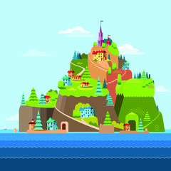 Landscape flat icon. Landscape flat icon. Mountains, houses, sea. Town on the island.