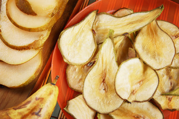 Fruit chips made of pears. Healthy dietary food