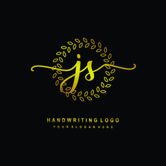 Handwriting initials JS, With a gold leaf line template. logo design for, beauty, fashion, cosmetic, business