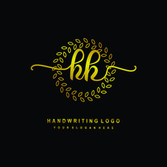 Handwriting initials KK, With a gold leaf line template. logo design for, beauty, fashion, cosmetic, business