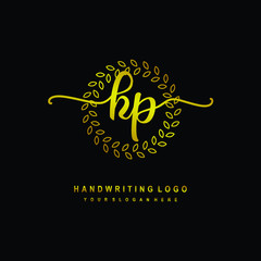 Handwriting initials KP, With a gold leaf line template. logo design for, beauty, fashion, cosmetic, business