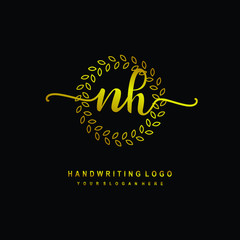 Handwriting initials NH, With a gold leaf line template. logo design for, beauty, fashion, cosmetic, business