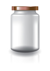 Blank clear round jar with copper lid medium high size for supplements or food product. Isolated on white background with reflection shadow. Ready to use for package design. Vector illustration.