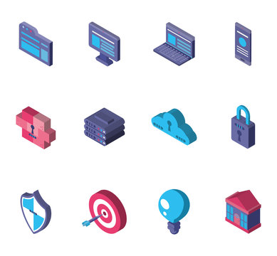 data internet technology isometric icons set