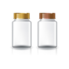 White square supplements, medicine bottle (gold & copper lid) for beauty or healthy product. Isolated on white background with reflection shadow. Ready to use for package design. Vector illustration.