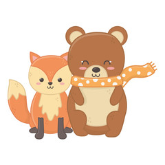 cute bear with scarf and fox sitting hello autumn