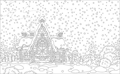 Christmas background with a decorated log house from a fairytale covered with snow and a friendly smiling snowman next to it, black and white vector illustration in a cartoon style