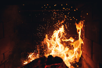 burning fire logs with sparks in the fireplace