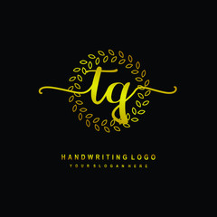 Handwriting initials TQ, With a gold leaf line template. logo design for, beauty, fashion, cosmetic, business