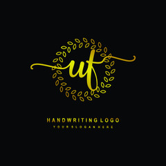 Handwriting initials UF, With a gold leaf line template. logo design for, beauty, fashion, cosmetic, business