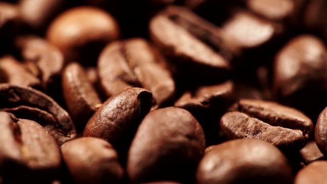 Close up of roasted brown coffee beans rotating