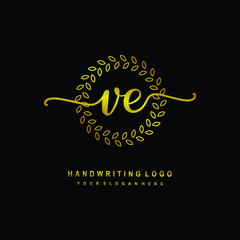 Handwriting initials VE, With a gold leaf line template. logo design for, beauty, fashion, cosmetic, business