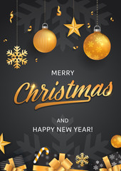 Merry Christmas and Happy New Year black backgrounds template with gold glitter elements