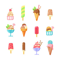 Ice cream, summer tasty snack cartoon vector illustrations set