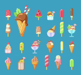 Ice cream, summer dessert cartoon vector illustrations set