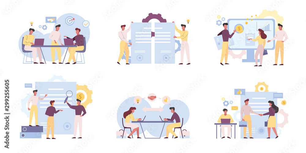 Wall mural business analysts teamwork flat vector illustrations set