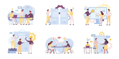 Business analysts teamwork flat vector illustrations set
