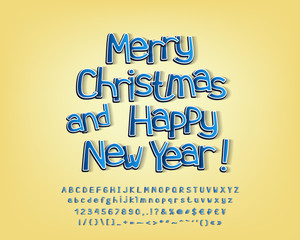 Merry Christmas 3d vector alphabet. Uppercase and lowercase letters, numbers, symbols. Cartoon blue gradient typeface for holiday greeting designs