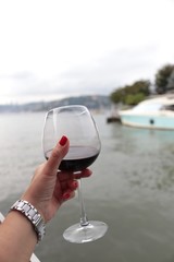 Coffee on wooden table with Maiden's Tower in istanbul, Turkey