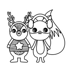 cute bear and fox with ear muffs merry christmas thick line