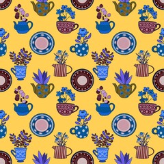 seamless pattern with flowers and plates