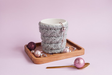 Pink christmas background with pink decor, closeup