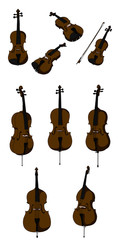 Classic violin, alt, cello, double bass and bow vector isolated on white background, different angles © Anna