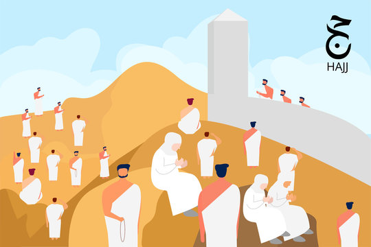 Design Illustration Hajj Pilgrims Pray at Mount Arafat vector