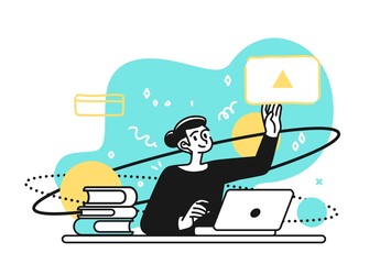 Online Education Courses Concept illustration. Smiling student satisfied with learning during online courses using netbook. Outline vector Style.