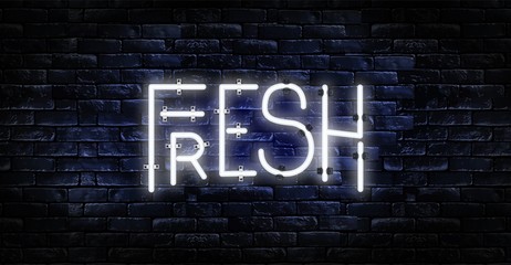 White neon text FRESH for menu design, billboards, cafe and restaurant signage. Fresh Fruit Neon Light Glowing Yellow Light Bright Banner