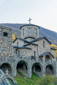 Russia, North Ossetia. Monastery in Fiagdon in the mountains in autumn