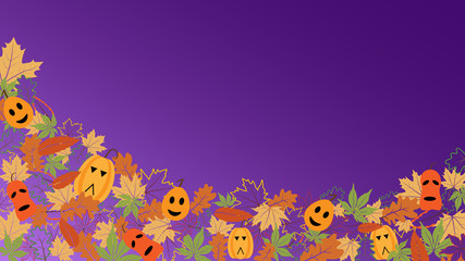 Fall background with colorful and outline leaves and funny pumpkins. Autumn frame, banner, border with place for your text for sale, advertising, web.