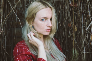 young beautiful blonde in a red dress