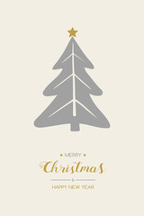 Merry Christmas and Happy New Year. Xmas greeting card with abstract tree and wishes. Vector