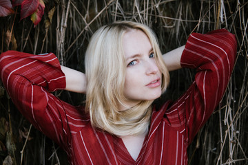 young beautiful blonde in a red dress