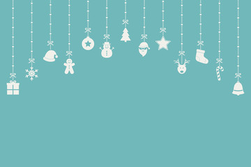 Hanging Christmas ornaments on blue background. Festive decoration. Vector