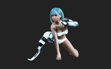 3d illustration or model of futuristic steel robotic girl posing on dark background with clipping path. Robot's action and pose. Robotic steel hand and leg.