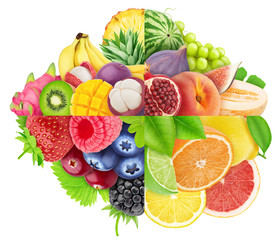 Creative composition with a lot of differrent fruits and berries isolated on a white background.