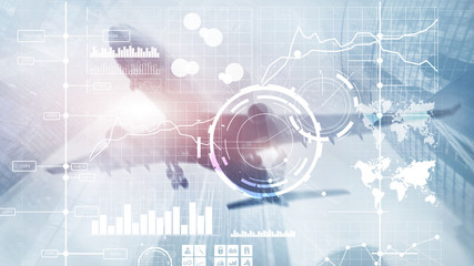 Fototapeta premium Business intelligence BI Key performance indicator KPI Analysis dashboard transparent blurred background.