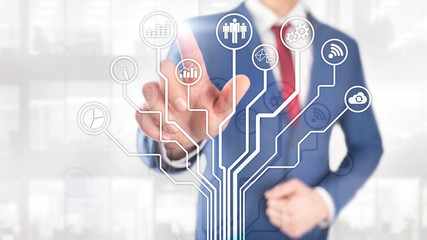 Business applications icons on blurred background. Financial and trading. Internet technology...