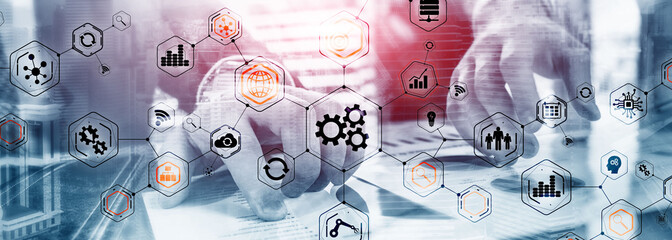 Business plan discussion. Gears icons engineering manufacturing automation innovation structure...
