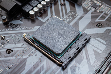 Powerful CPU with applied thermal grease on a personal computer. The process computer maintenance...