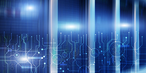Fototapeta premium Schematic electronic draft server room information communication technology background. Template design copy space.