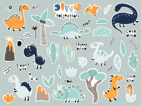 Naklejka Cute cartoon set of stickers with dinosaurs, plants, volcano