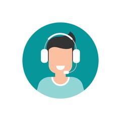 Happy man operator with headphones and microphone in blue circle. flat vector illustration isolated on white.