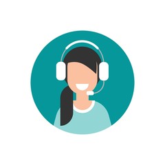 Happy female operator with headphones and microphone in blue circle. flat vector illustration