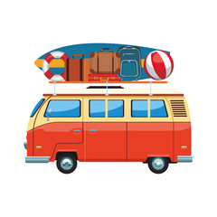 travel van with objects in the roof, colorful design