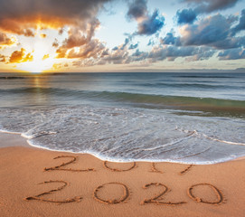 New Year 2020 is coming concept. Happy New Year 2020 replace 2019 concept on the sea beach